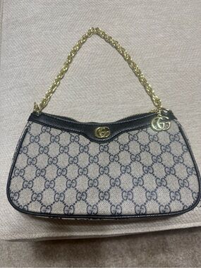 Faux Beige & Black GG Canvas Bag with Gold Chain
